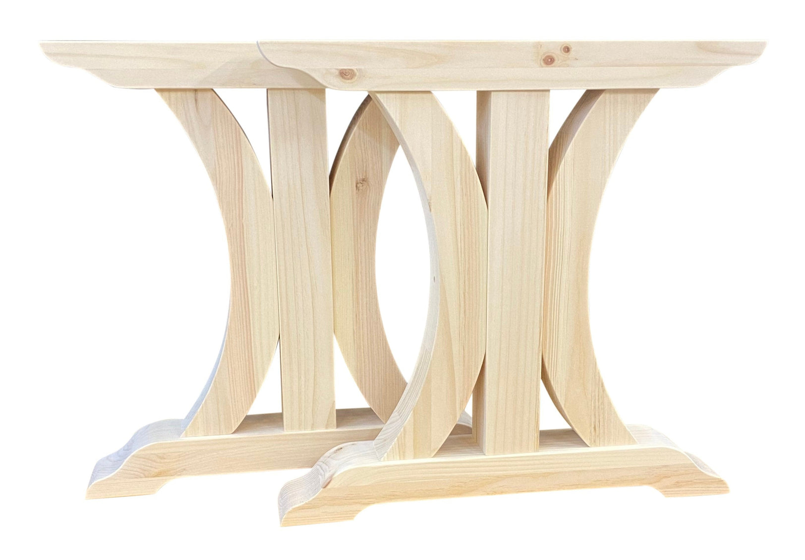 A wooden trestle table leg support structure isolated on a white background