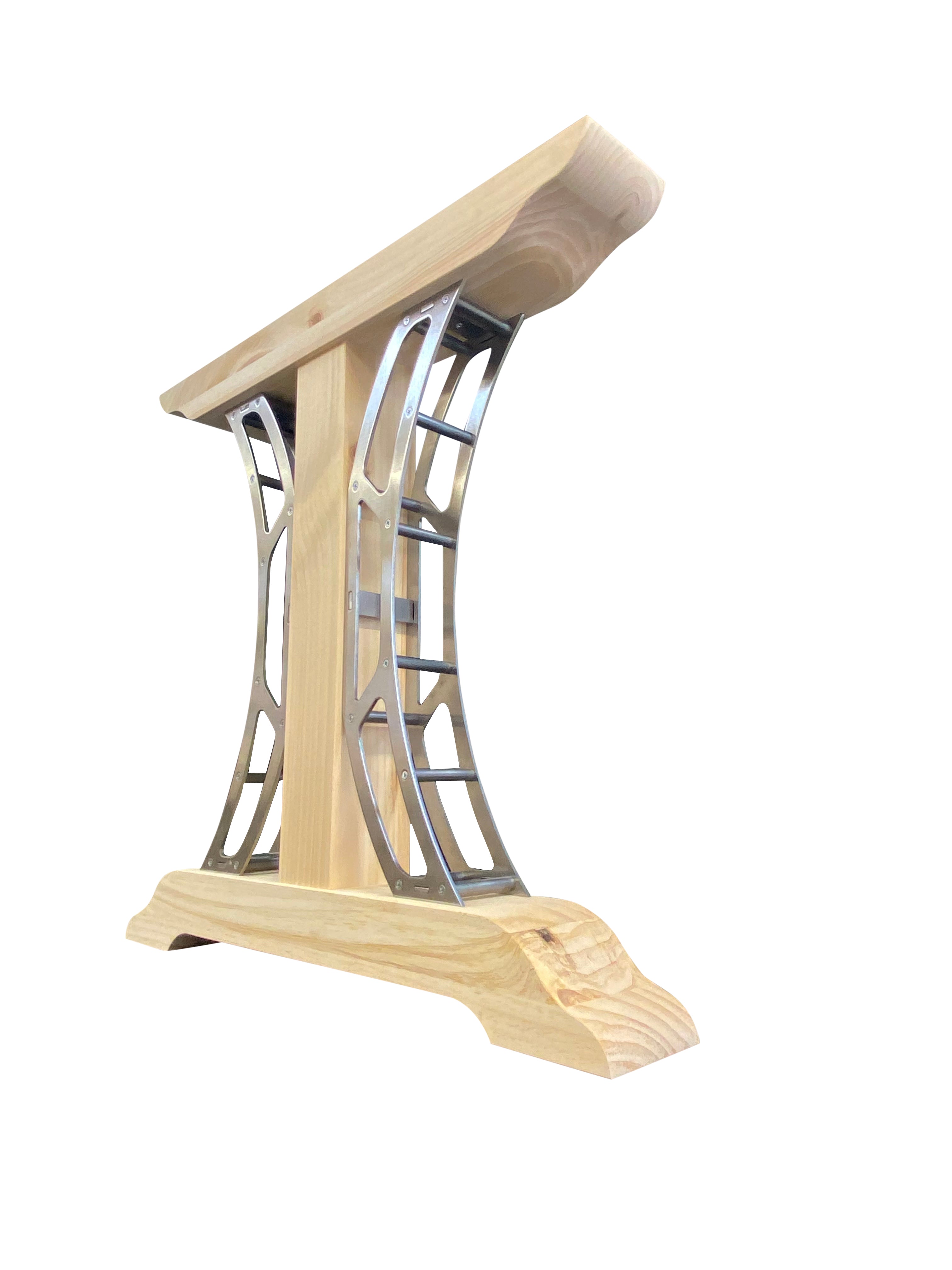 Wooden stand with metal base on a white background