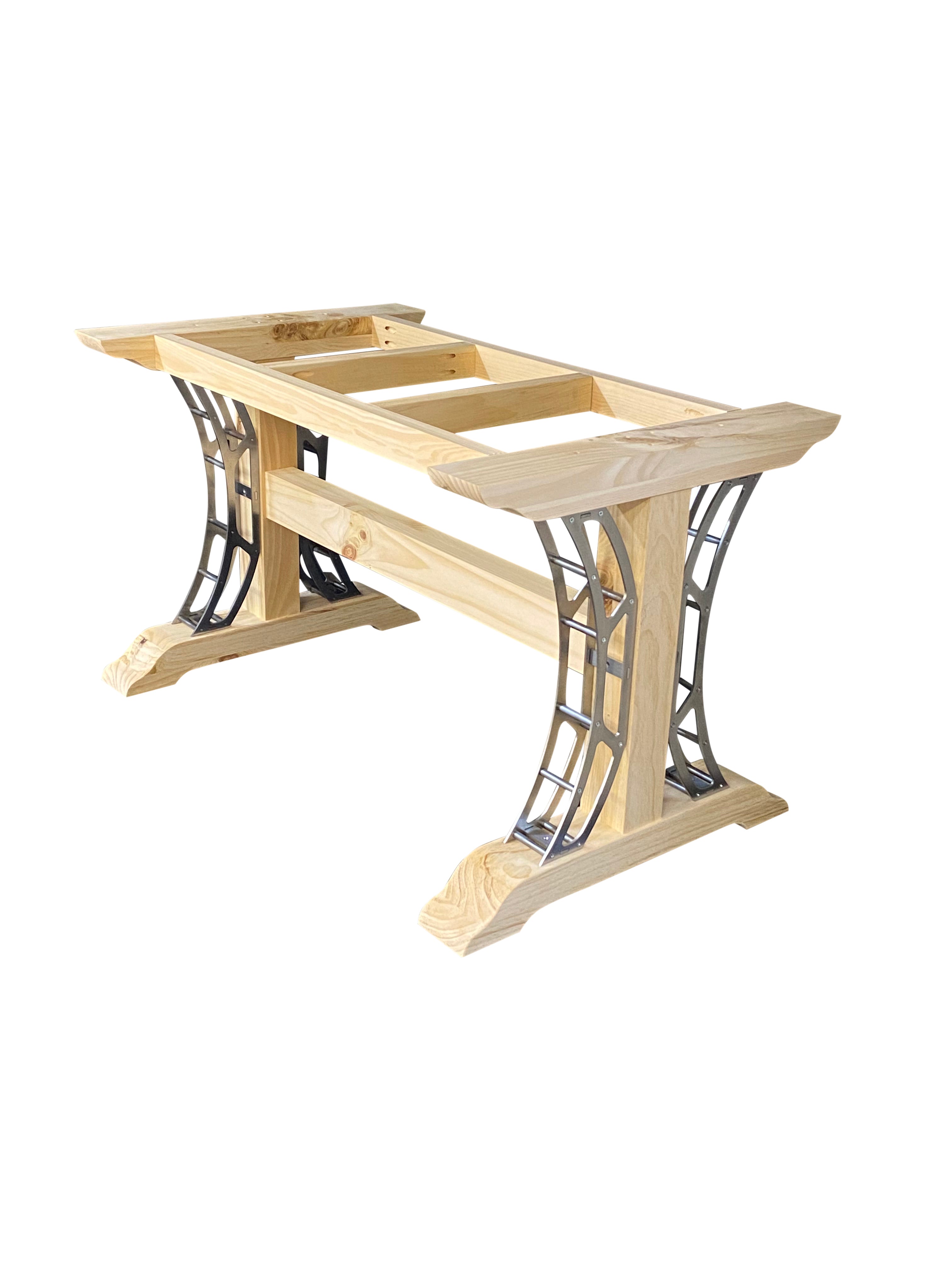 Wooden table frame with metal legs on a white background