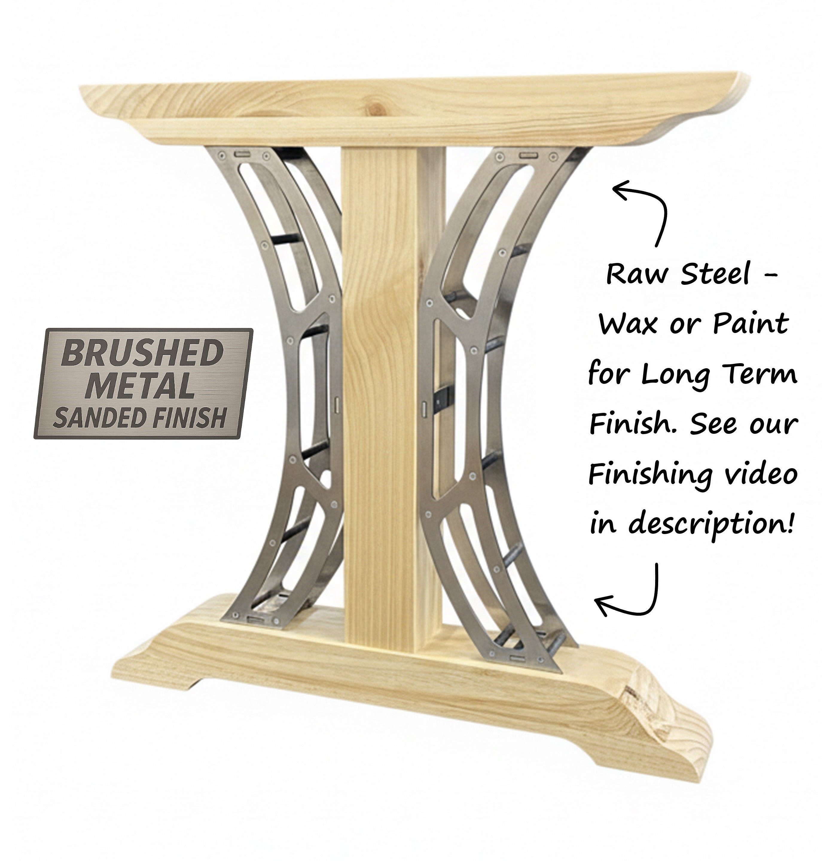 Technical diagram of industrial crescent table legs with full measurements for DIY furniture building.