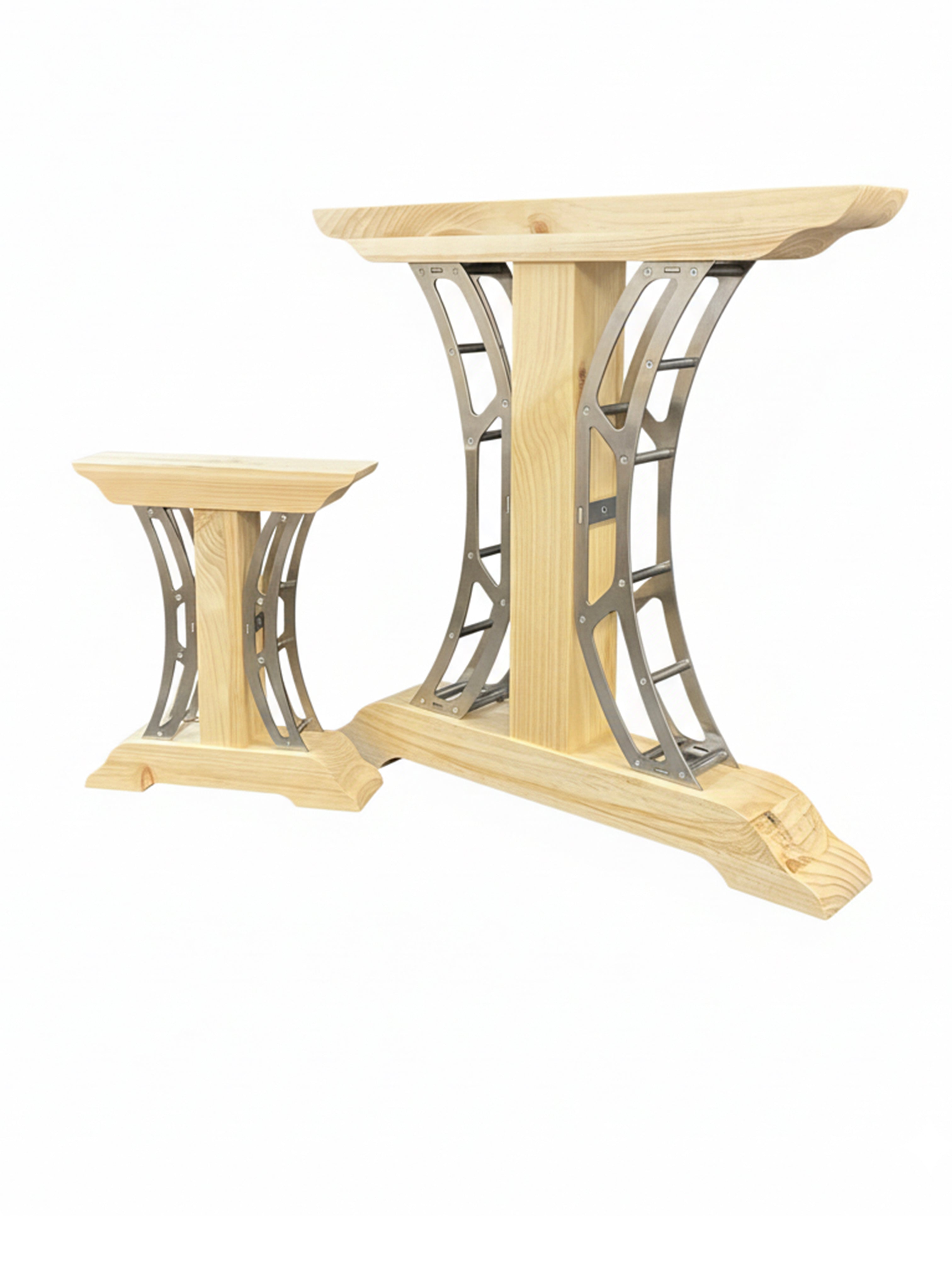 Heavy-duty crescent table legs supporting a thick wooden tabletop, showcasing strength and stability.