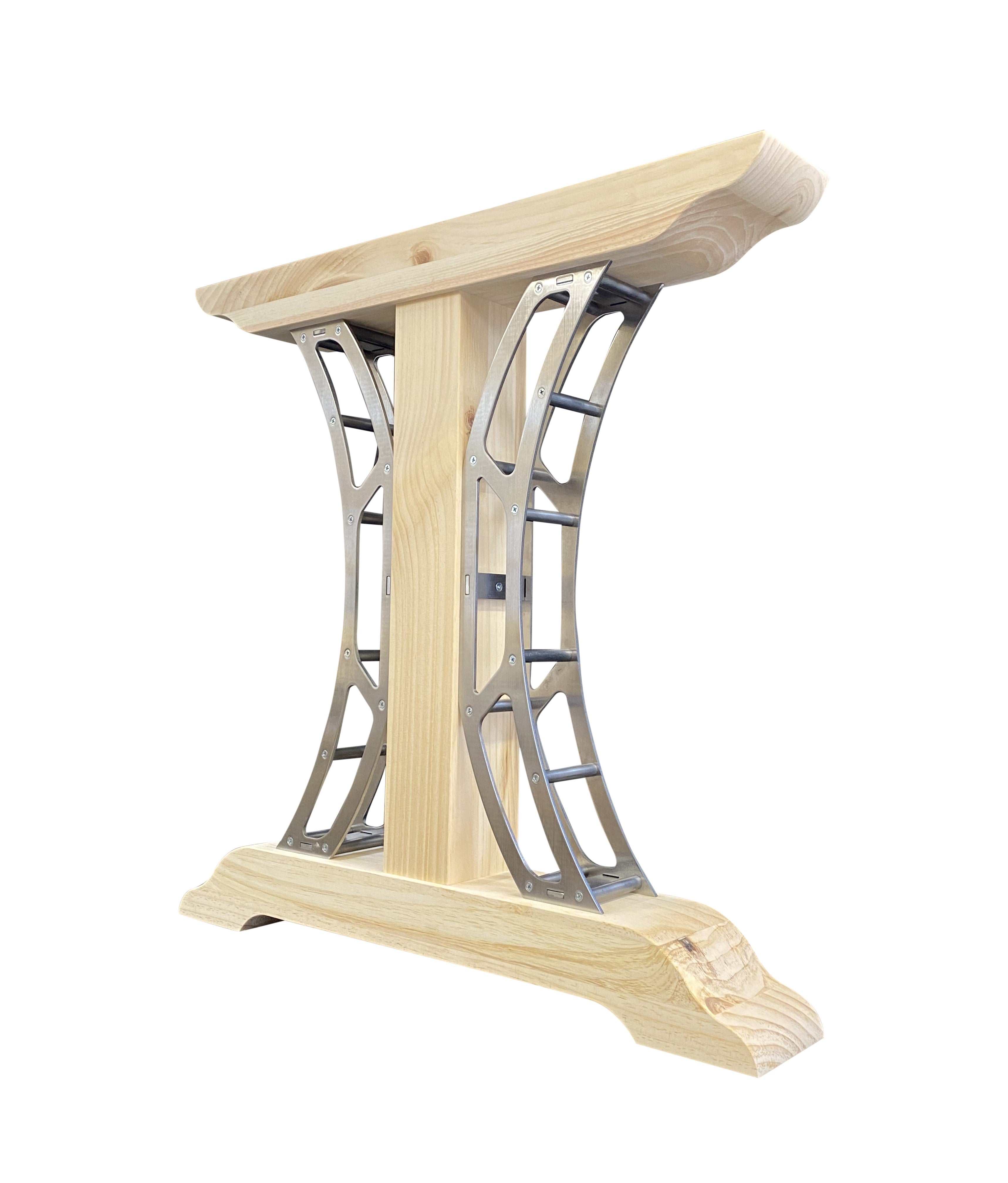 Side view of modern industrial crescent table legs highlighting the curved steel shape and sturdy design.