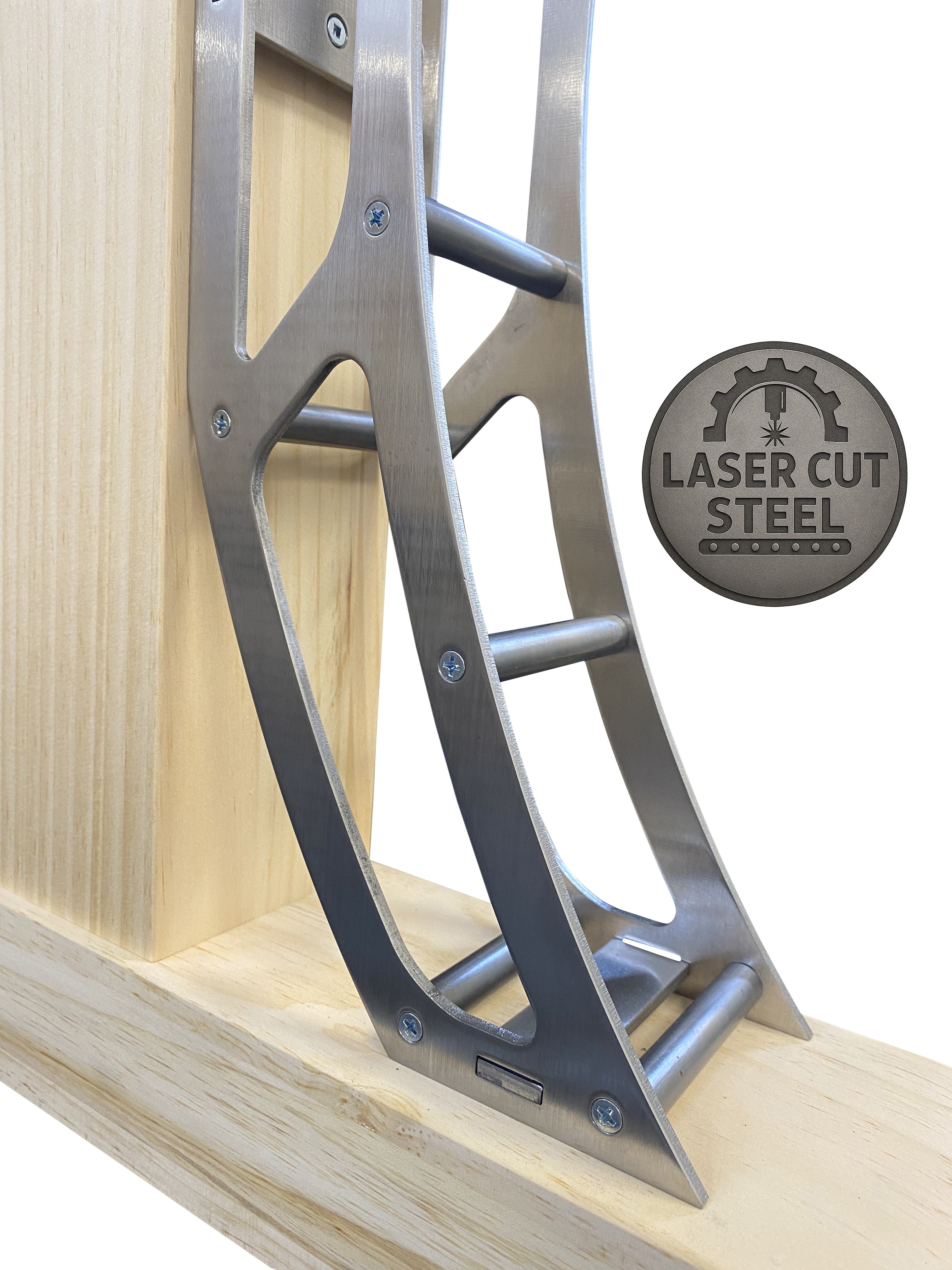 Close-up of crescent table legs showing solid steel welds, powder-coated finish, and heavy-duty strength.