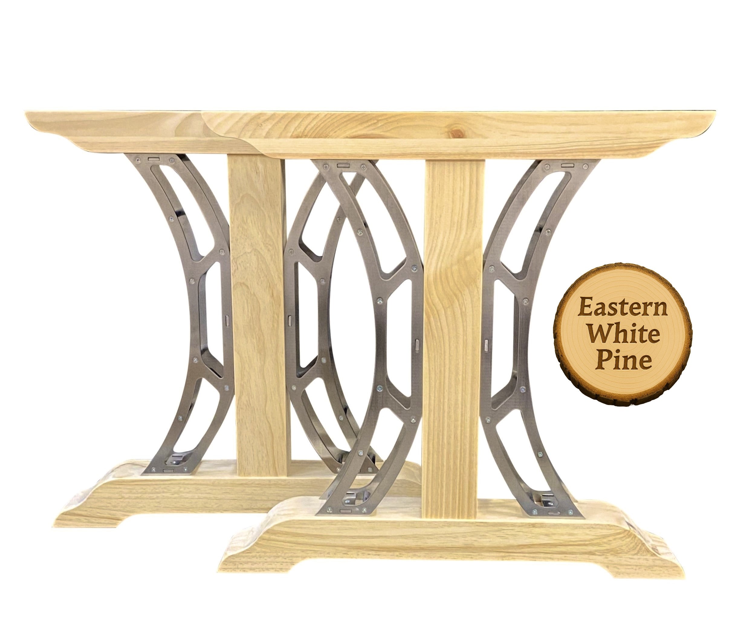 Industrial crescent table legs shown in multiple wood and finish options including raw steel.